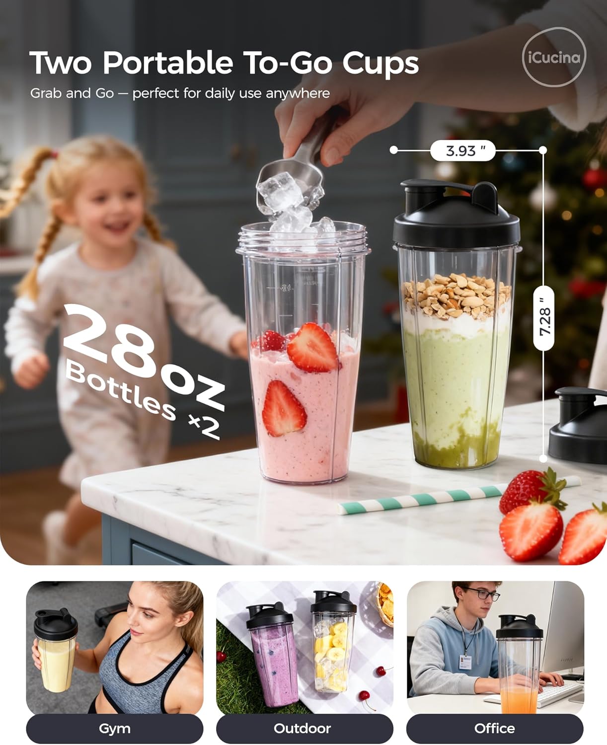 Thumbnail 4 de iCucina Smoothie Blender (700W Pulse Technology) with 2 x 28oz Portable Cups for Smoothies