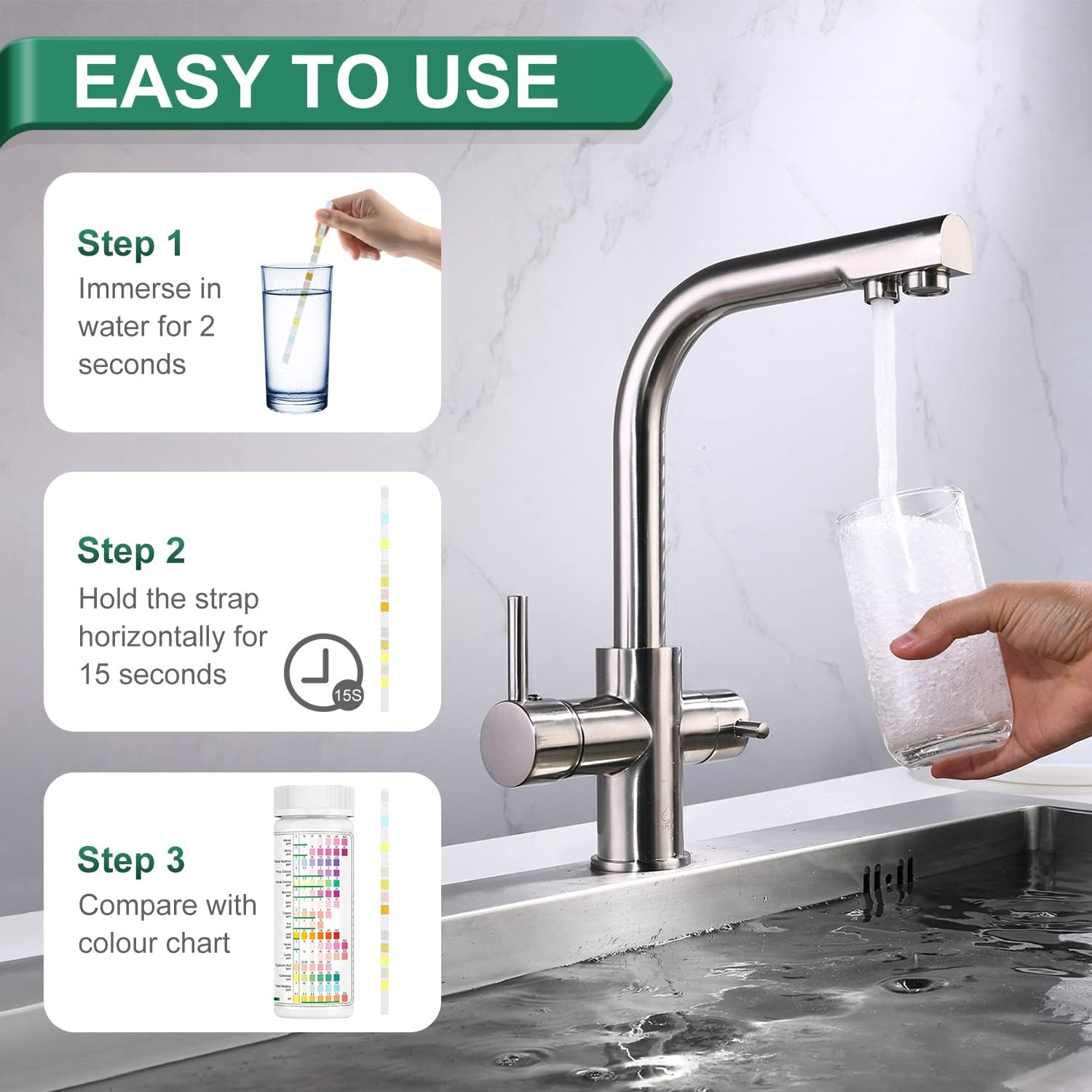 Thumbnail 4 de TESPERT Wassertester Trinkwasser 125× 16-in-1 Wasserteststreifen für Wasserqualität (Härte, Blei, Eisen, Kupfer)