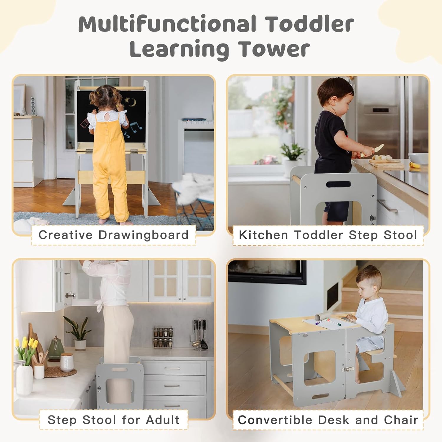 Thumbnail 6 de labebe Torre Montessori pieghevole 3 in 1 con lavagna, learning tower per bambini a partire da 1 anno (Grau)