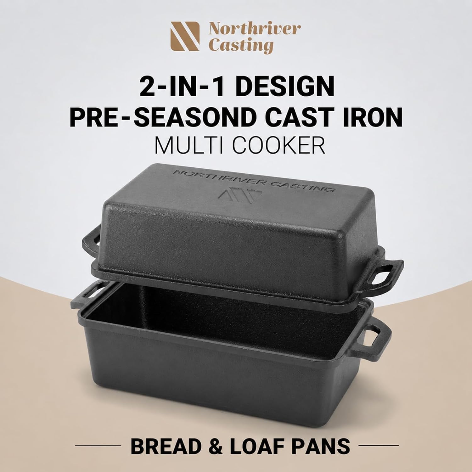 Detalle de Northriver Casting 9×5 Inch Cast Iron Loaf Pan with Lid (2-Piece Set) for Bread, Cake, and Meatloaf