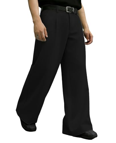 Detalle de FEDTOSING Mens Wide Leg Baggy Trousers: Pleated Loose Fit Linen-Style Trousers in Black