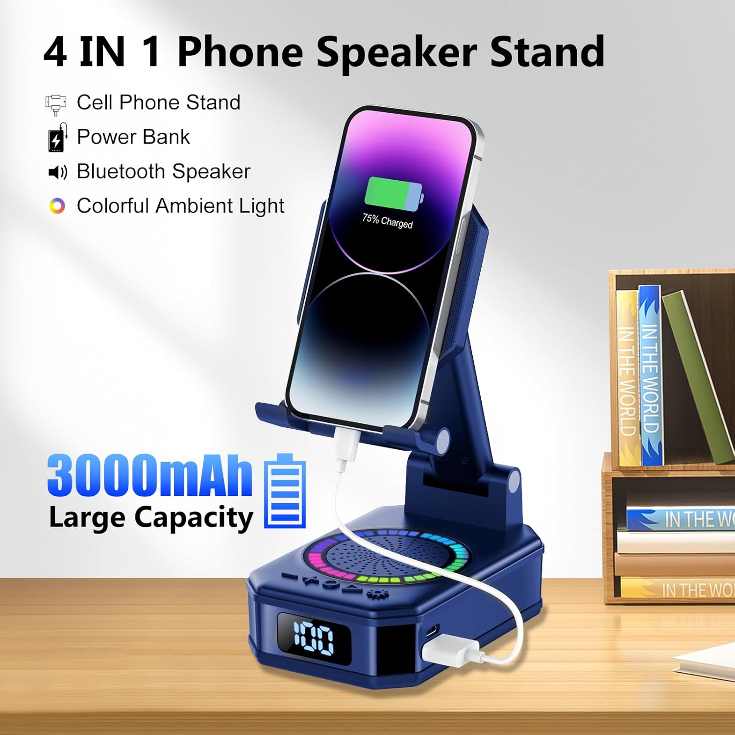 Detalle de Vatertagsgeschenk für Papa: 4-in-1 Bluetooth-Lautsprecher mit Handyhalter, LED-Licht, langer Akku und Trageständer (Blau)