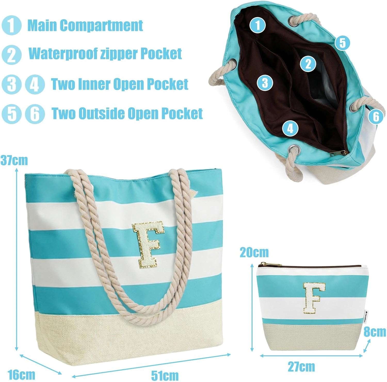 Detalle de Vavabox Initial Beach Bag with Zip and Pockets — Personalised Large Beach Tote Set