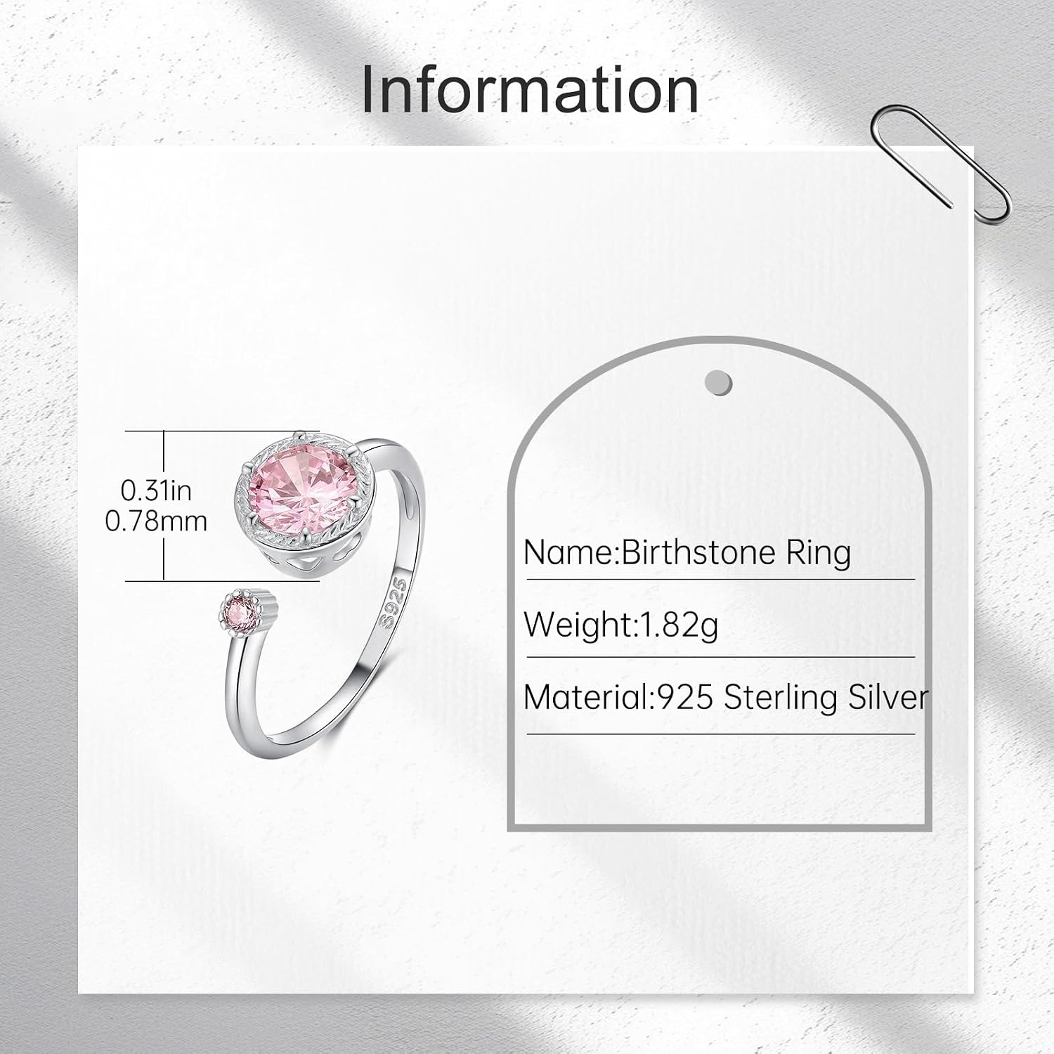 Detalle de Qings Oktober Birthstone Ring aus 925 Sterling Silber mit Turmalin-Optik und verstellbarer Zirkonia