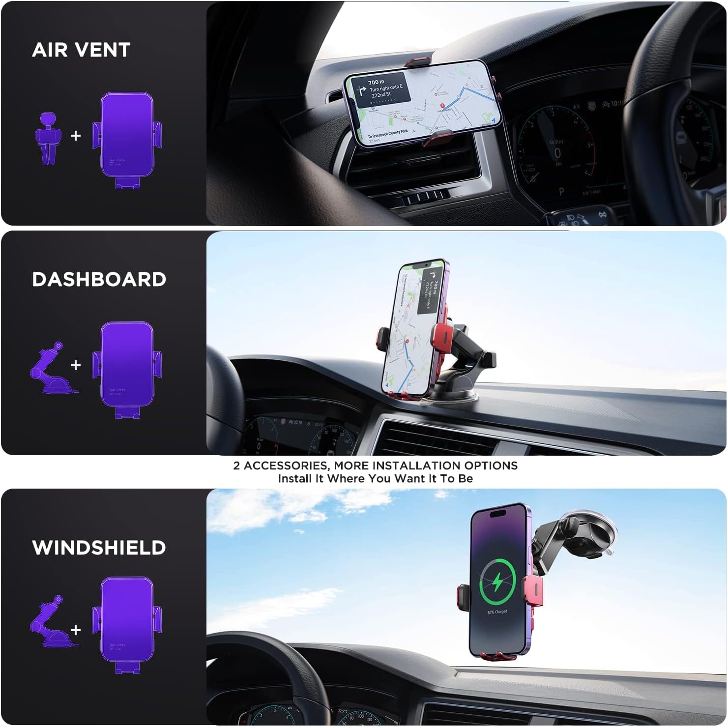 Detalle 2 de MOSURR 15W Wireless Charging Car Phone Holder with RGB Backlit Auto-Clamp (Red)