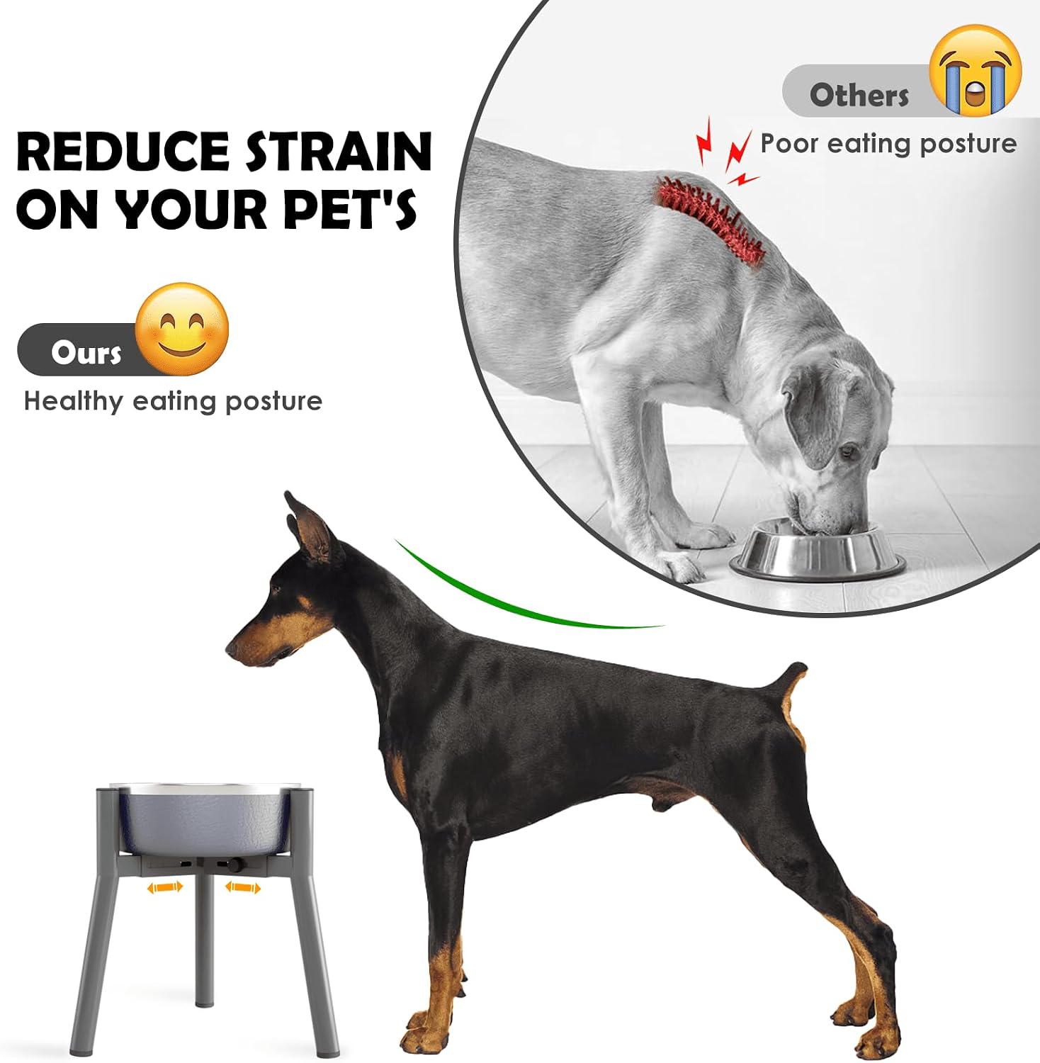 Detalle de SHAINFUN 大型犬用グレーメタル食器スタンド 幅・高さ調節対応 7~10.6インチの食器用