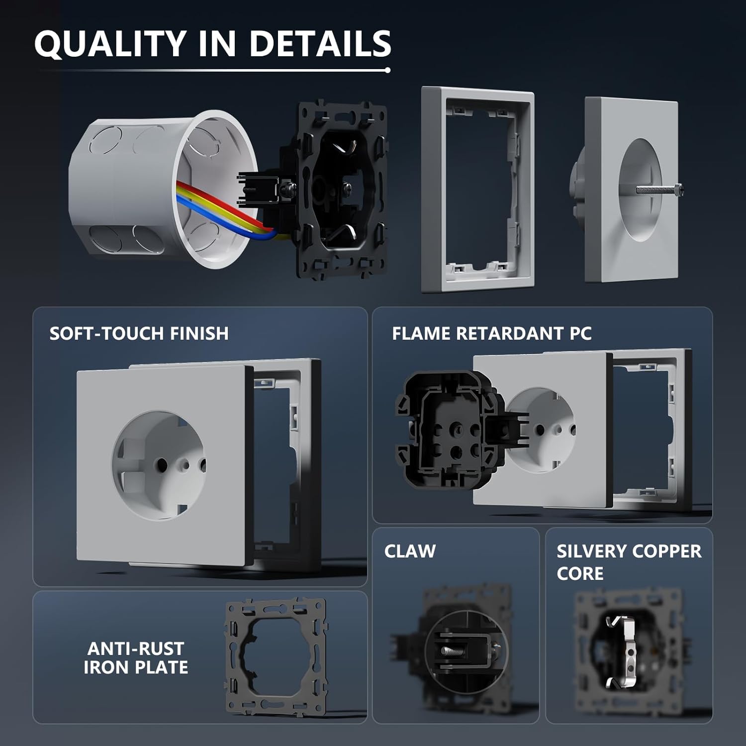 Thumbnail 2 de BSEED Schuko Unterputz-Wandsteckdose mit PC-Rahmen (16 A), 1-fach in Hellgrau