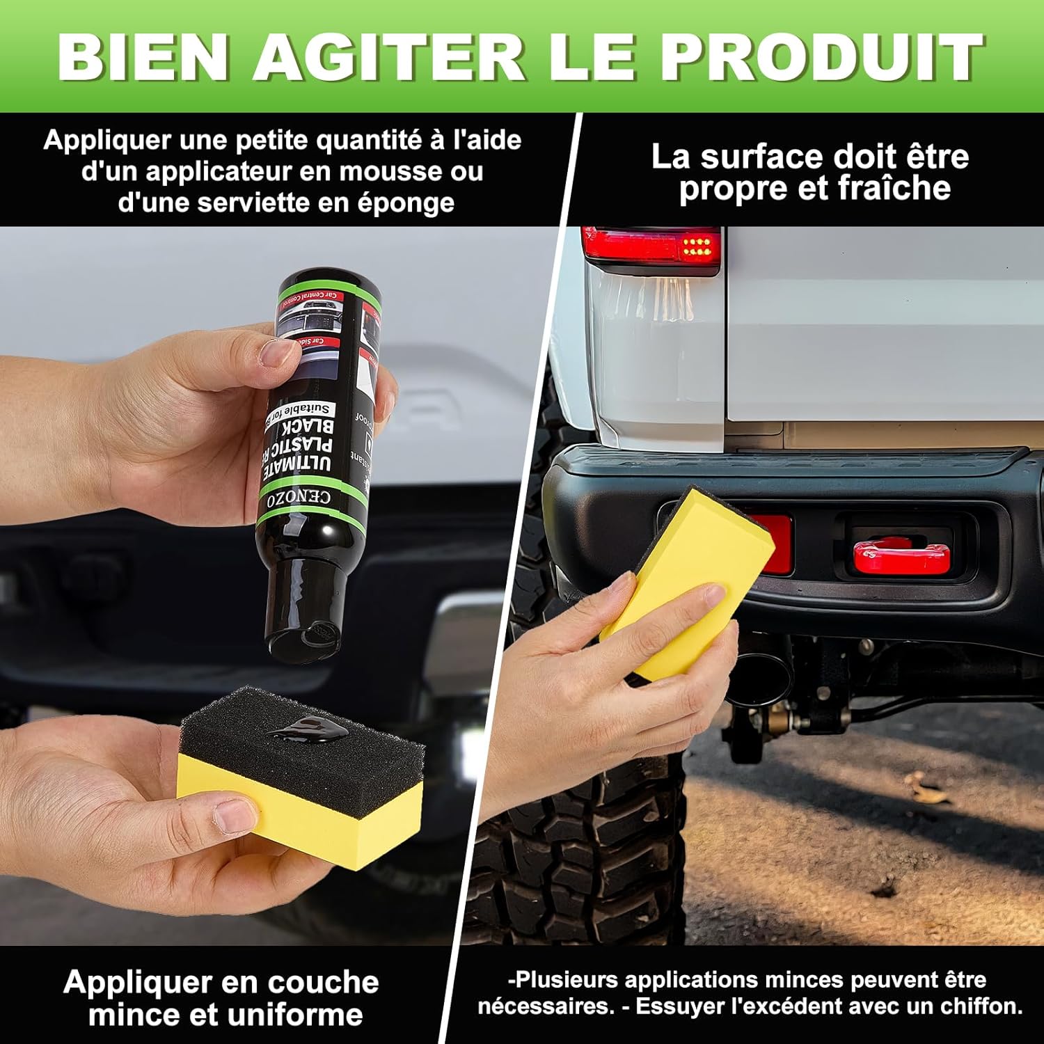 Detalle de Rénovateur Plastique Noir Premium – Brillance durable et protection UV pour l’intérieur et l’extérieur de votre voiture