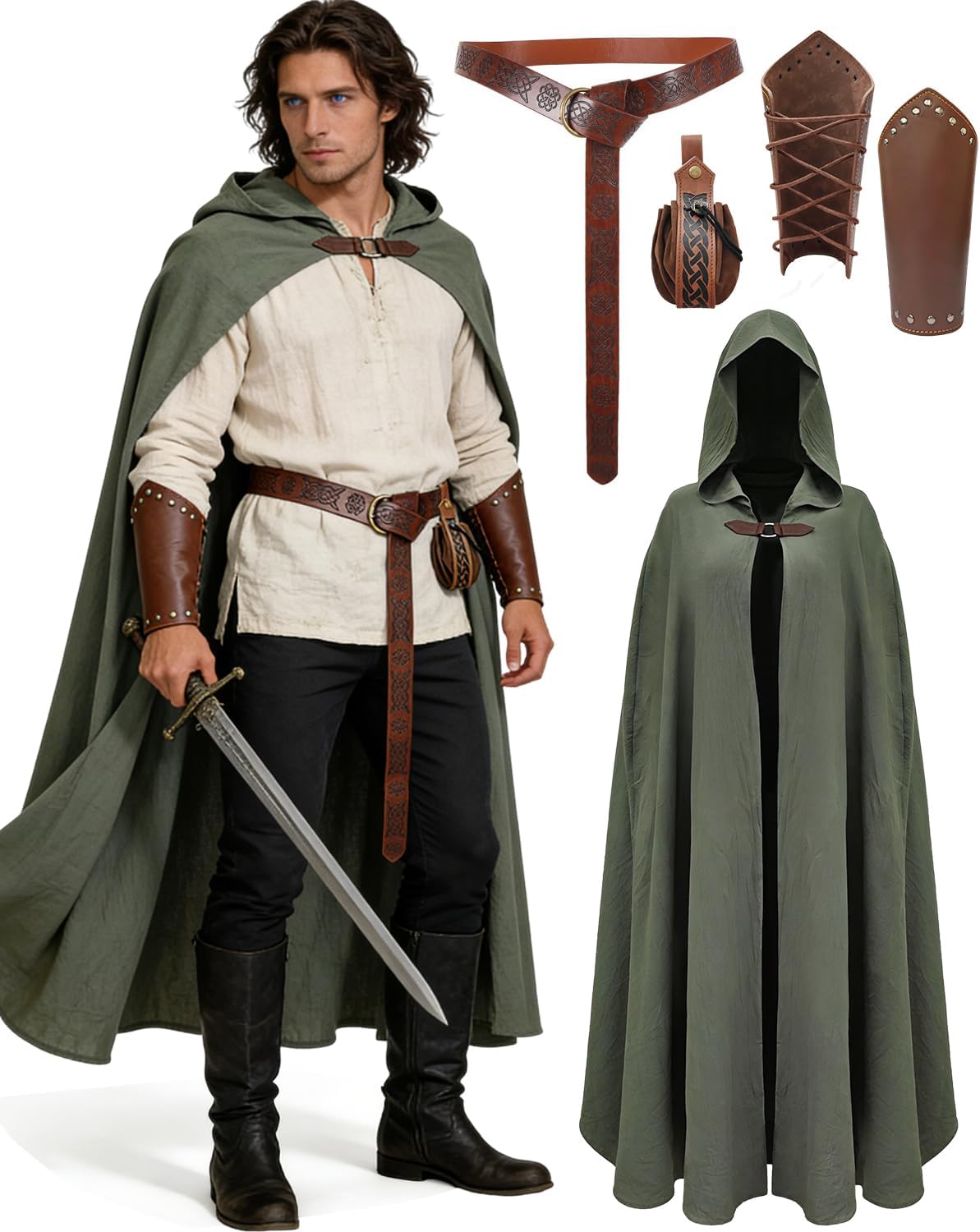 Detalle de Kasahara Renaissance Hooded Cloak Costume Set with Belt, Pouch and Bracers