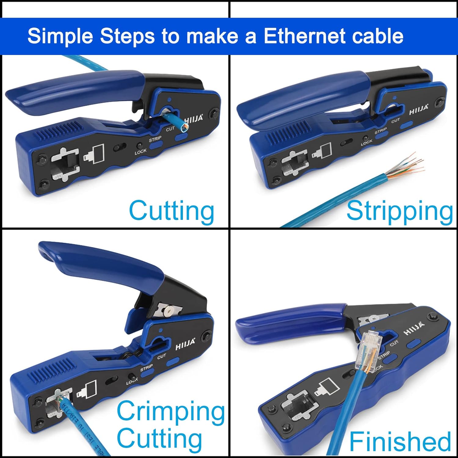 Thumbnail 5 de Hiija pinza crimpatrice RJ45 passante 8P8C + kit per cavi LAN (Cat5, Cat5e, Cat6) con 50 connettori RJ45, coperture e tester