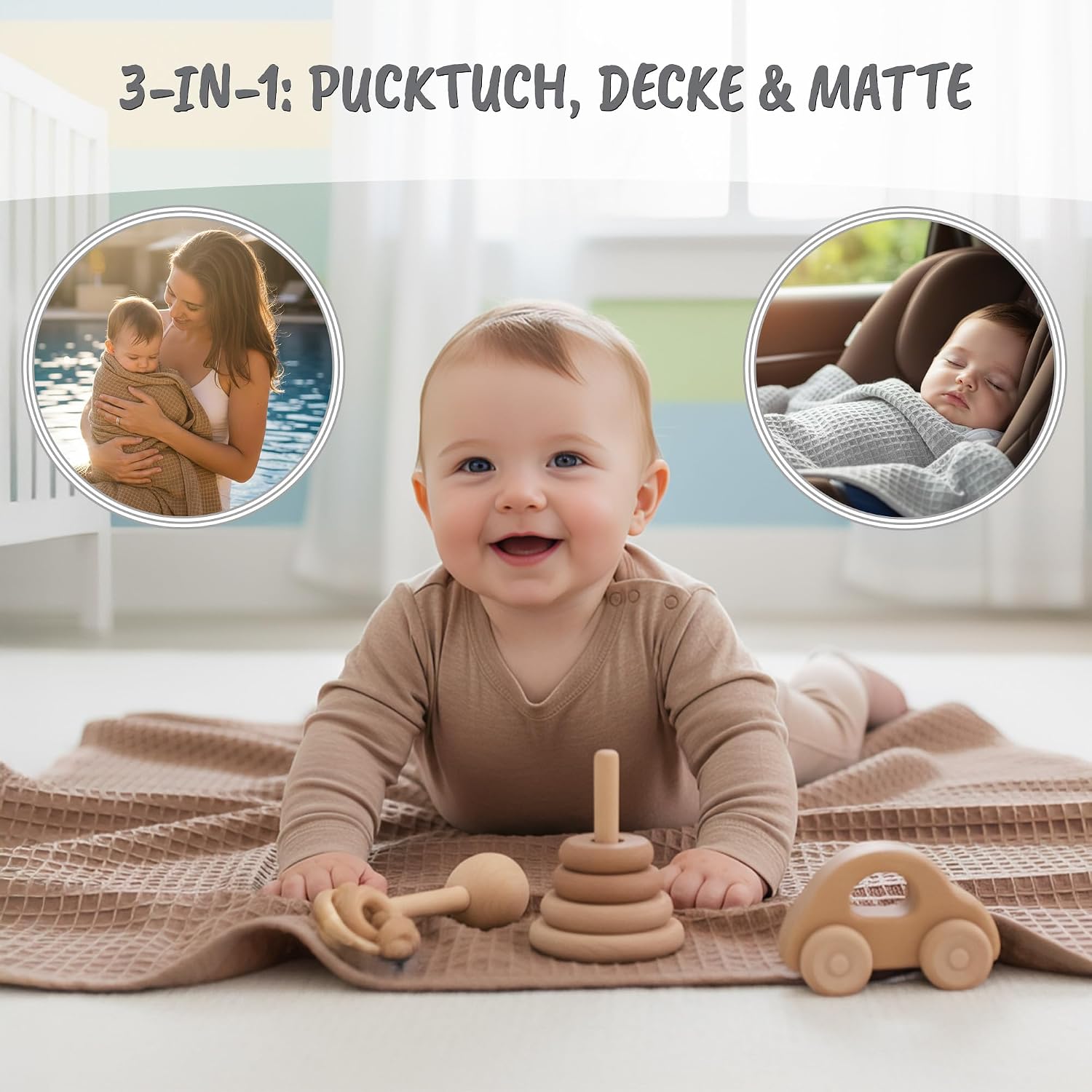 Detalle 1 de Totsy Baby babydeken 75 x 100 cm, katoen met wafelstructuur, bruin