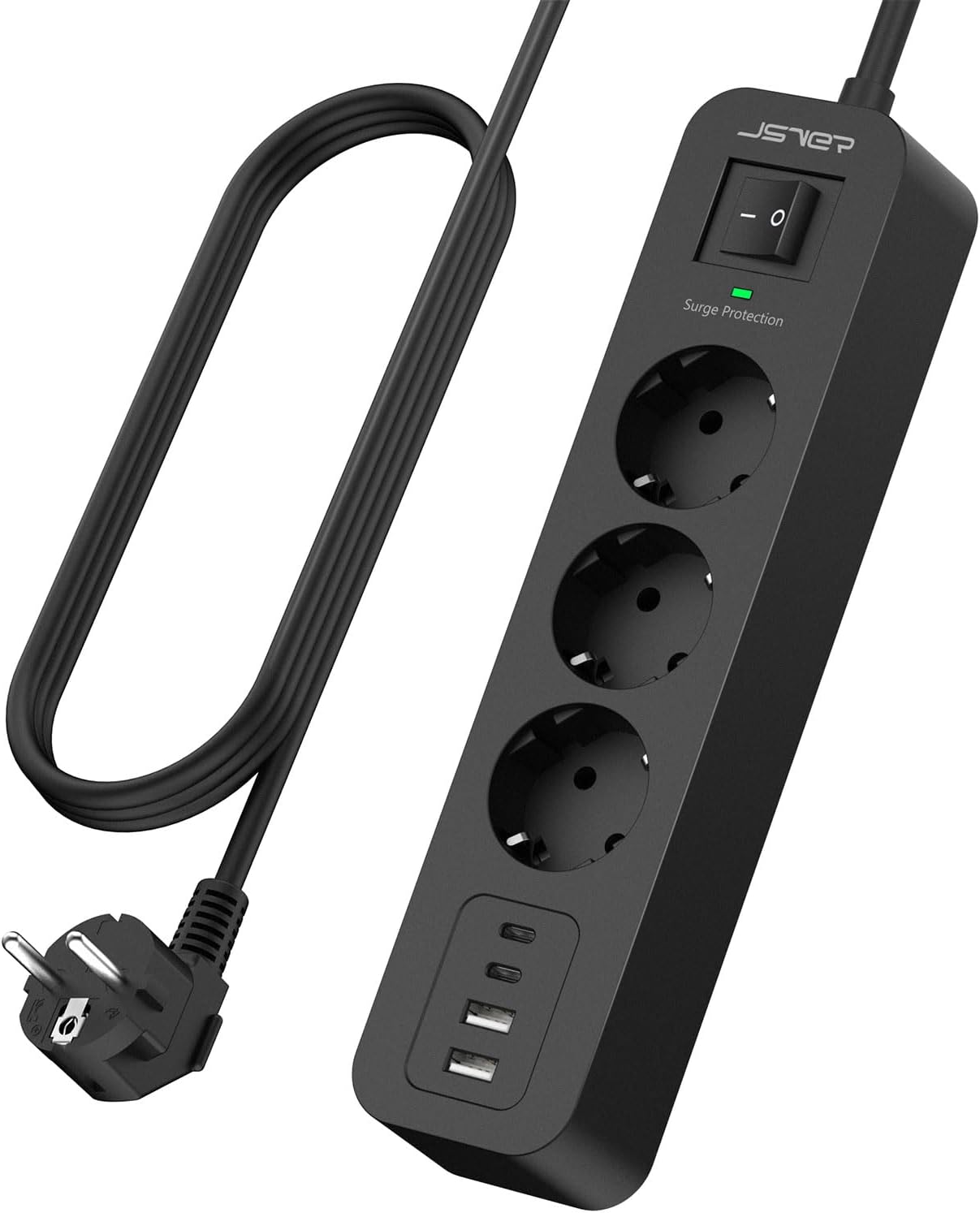 Detalle de Multipresa JSVER 7 in 1 con adattatore: 3 prese CA, USB-A e USB-C, prolunga 2 m