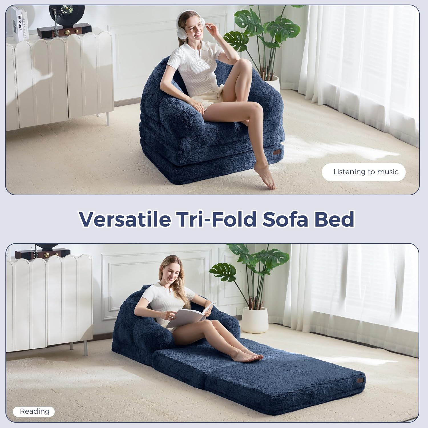 Thumbnail 6 de MAXYOYO Folding Sofa Bed, 2-in-1 Navy Faux Fur Floor Lounger, Medium