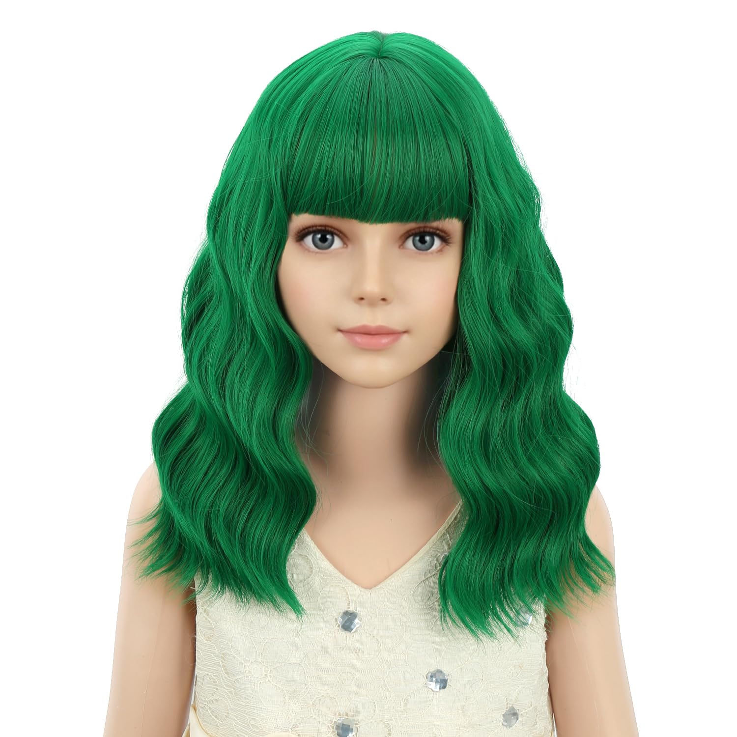 Detalle de PATTNIUM Kids Green Wig with Bangs, Wavy Shoulder-Length Synthetic Hair
