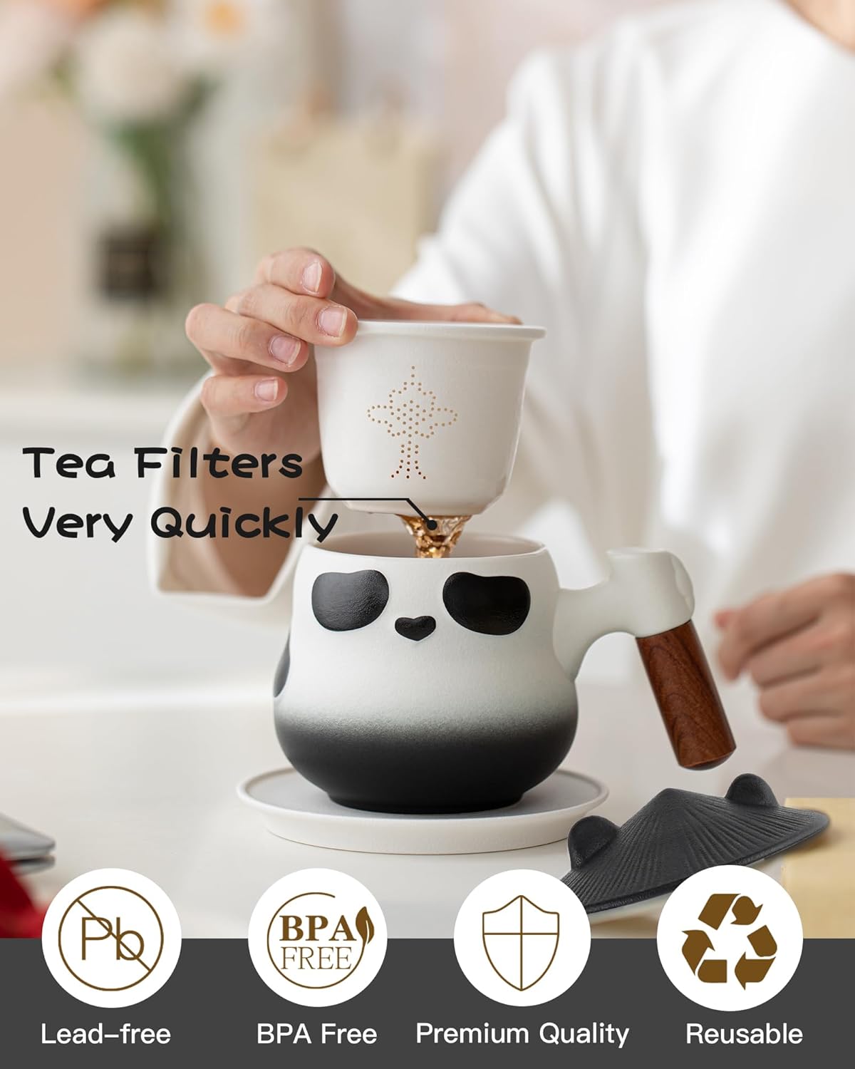 Thumbnail 2 de ZENS Panda Tea Cup with Infuser and Lid (330 ml) in Ceramic & Wood – Black and White