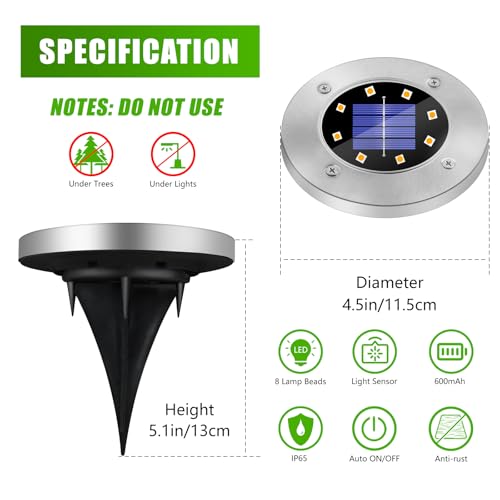 Thumbnail 3 de SCNNC Solar Ground Lights Outdoor Garden – 8 LEDs Warm White, IP65 Waterproof Disk Pathway Lights (8 Pack)