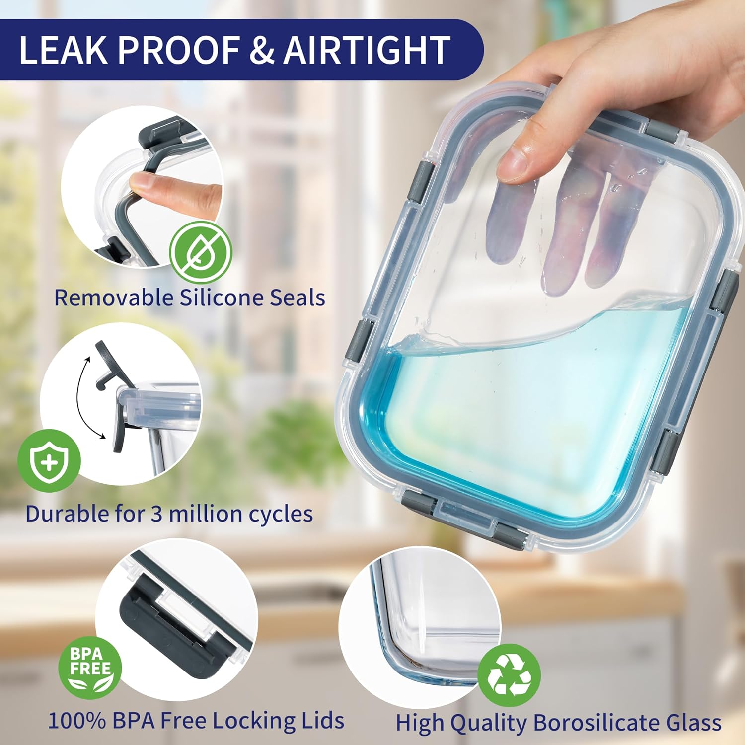 Detalle de MFY 12-teiliger Glasbehälter-Set mit Deckel (Meal Prep Boxen, mikrowellen- & ofentauglich) – grau