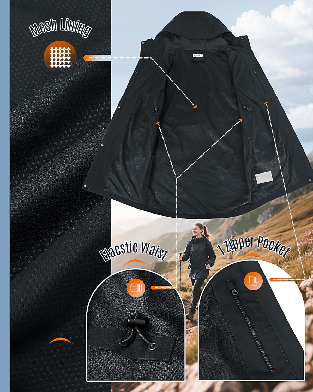 Detalle de 33,000ft Damen Regenjacke Windbreaker Lange – Wasserdichte Softshell mit Kapuze (10000 mm/24h, Atmungsaktiv)