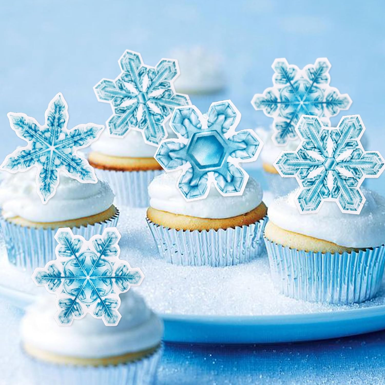 Detalle 1 de Keaziu Edible Snowflake Cake Toppers, 40-Piece Blue Rice Paper Set