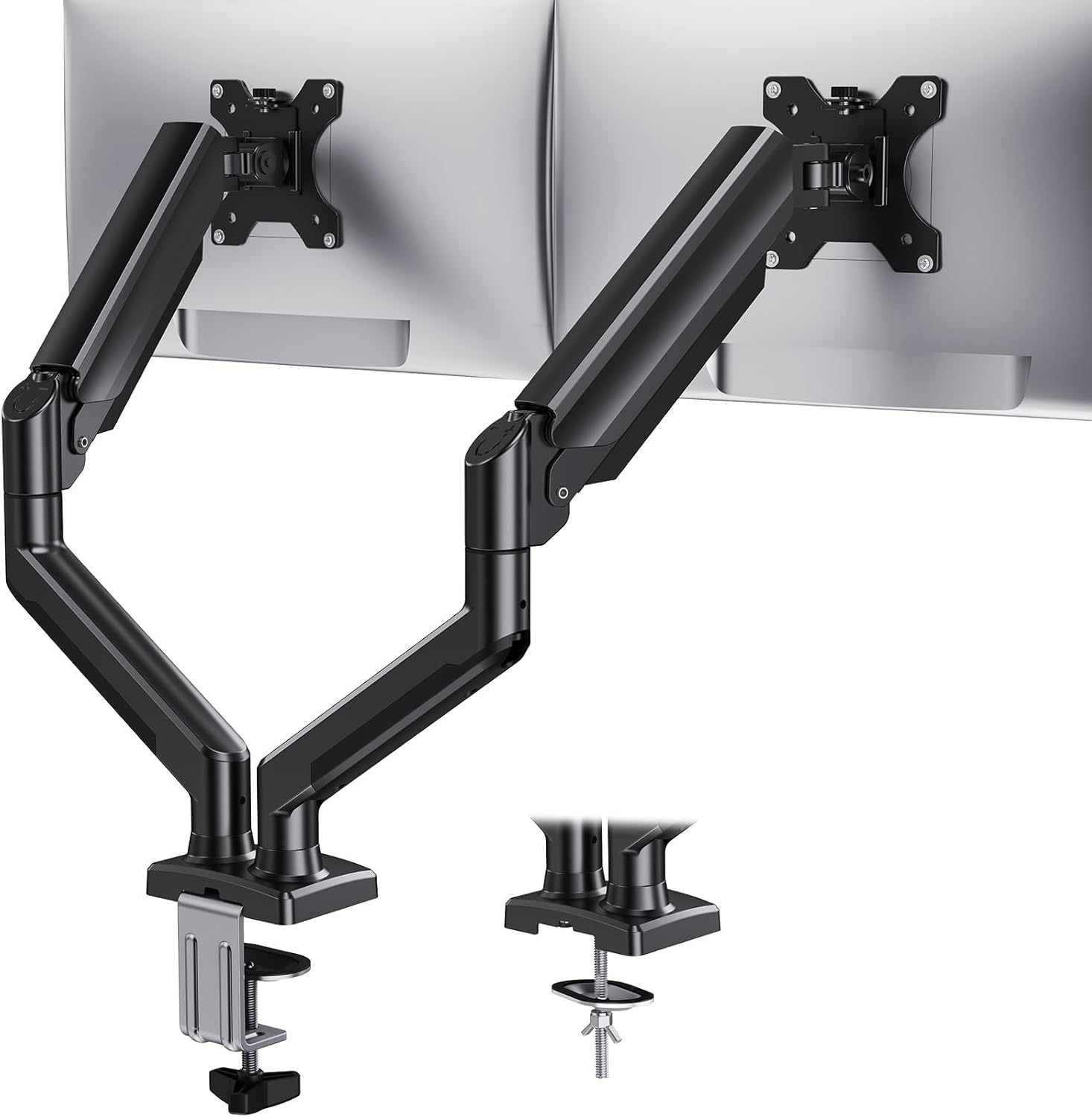 Detalle de HUANUO Dual Monitor Mount for 2 Monitors up to 32" – Height‑adjustable, 10kg per arm, VESA 75x75/100x100