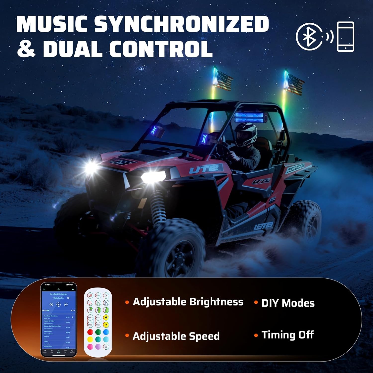 Detalle de Ehaho B-WPL-3FT2 3-Foot RGB LED Whip Lights, 2-Pack with App and Remote
