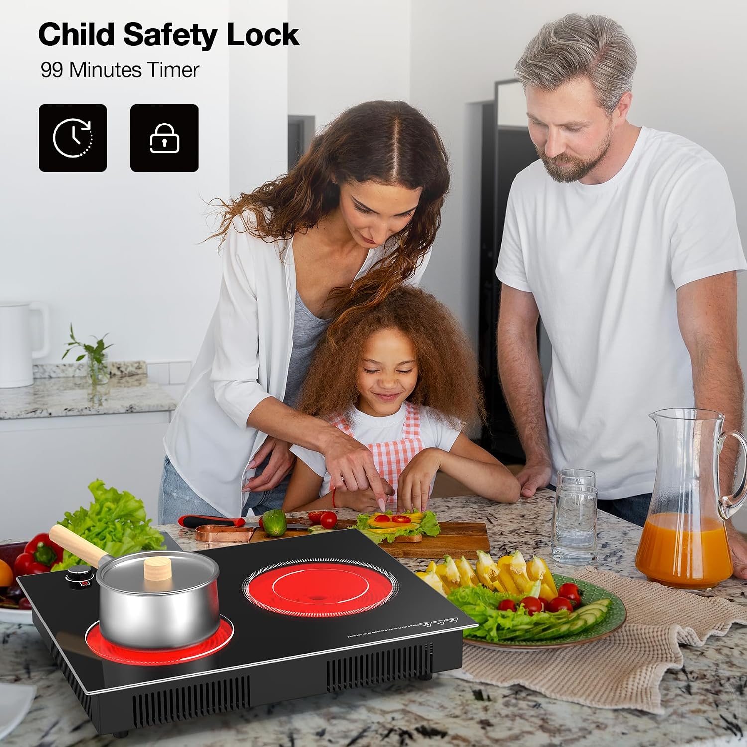 Thumbnail 1 de VBGK Double Electric Hob (3000W): Built‑in & Countertop 2‑Ring Ceramic Hob with 9 Power Levels and Safety Lock