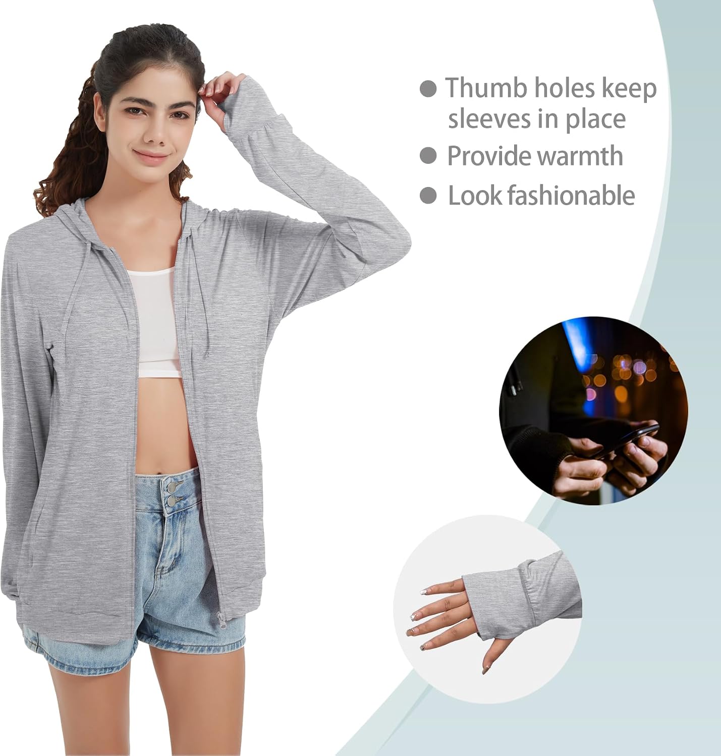 Thumbnail 3 de QBK Light Weight Zip Up Hoodie: Thin Summer Jacket for Women