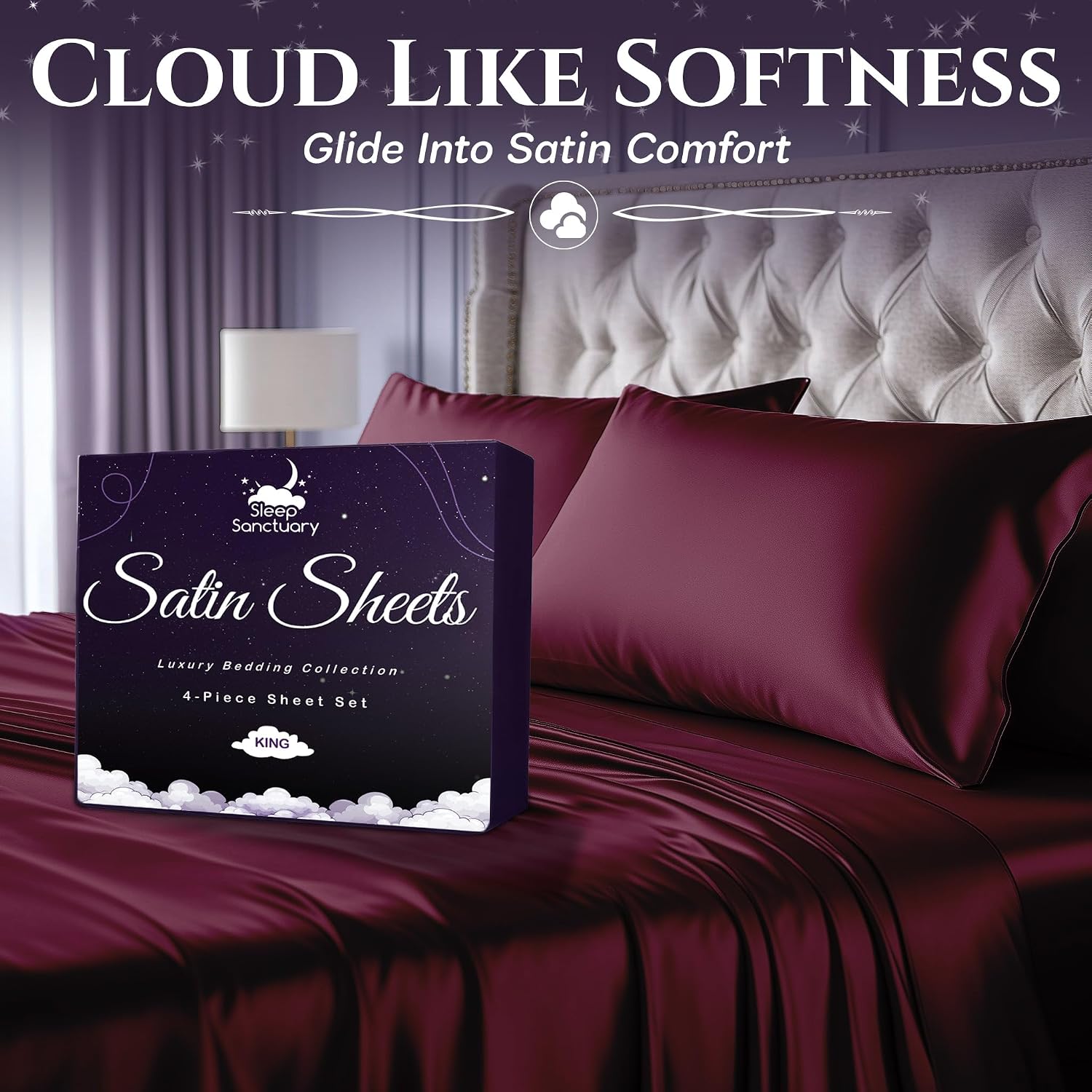 Detalle de SLEEP SANCTUARY Satin Sheets Queen Size 15" deep pocket