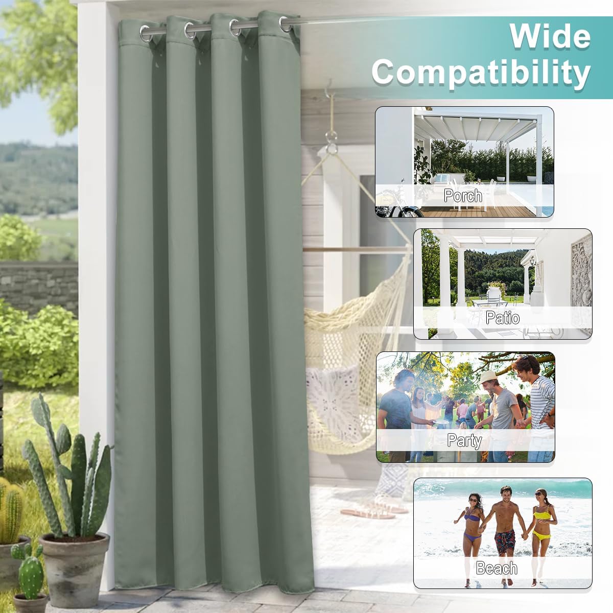 Detalle de NICETOWN Sage Green Blackout Outdoor Curtains, 2 Panels, W52 x L72