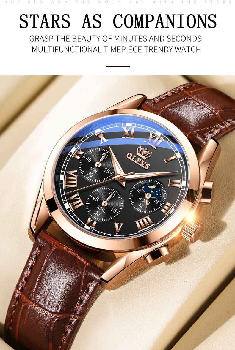 Detalle 2 de OLEVS Men Moon Phase Leather Strap Analog Quartz Watch (3ATM) with Calendar, Luminous Hands
