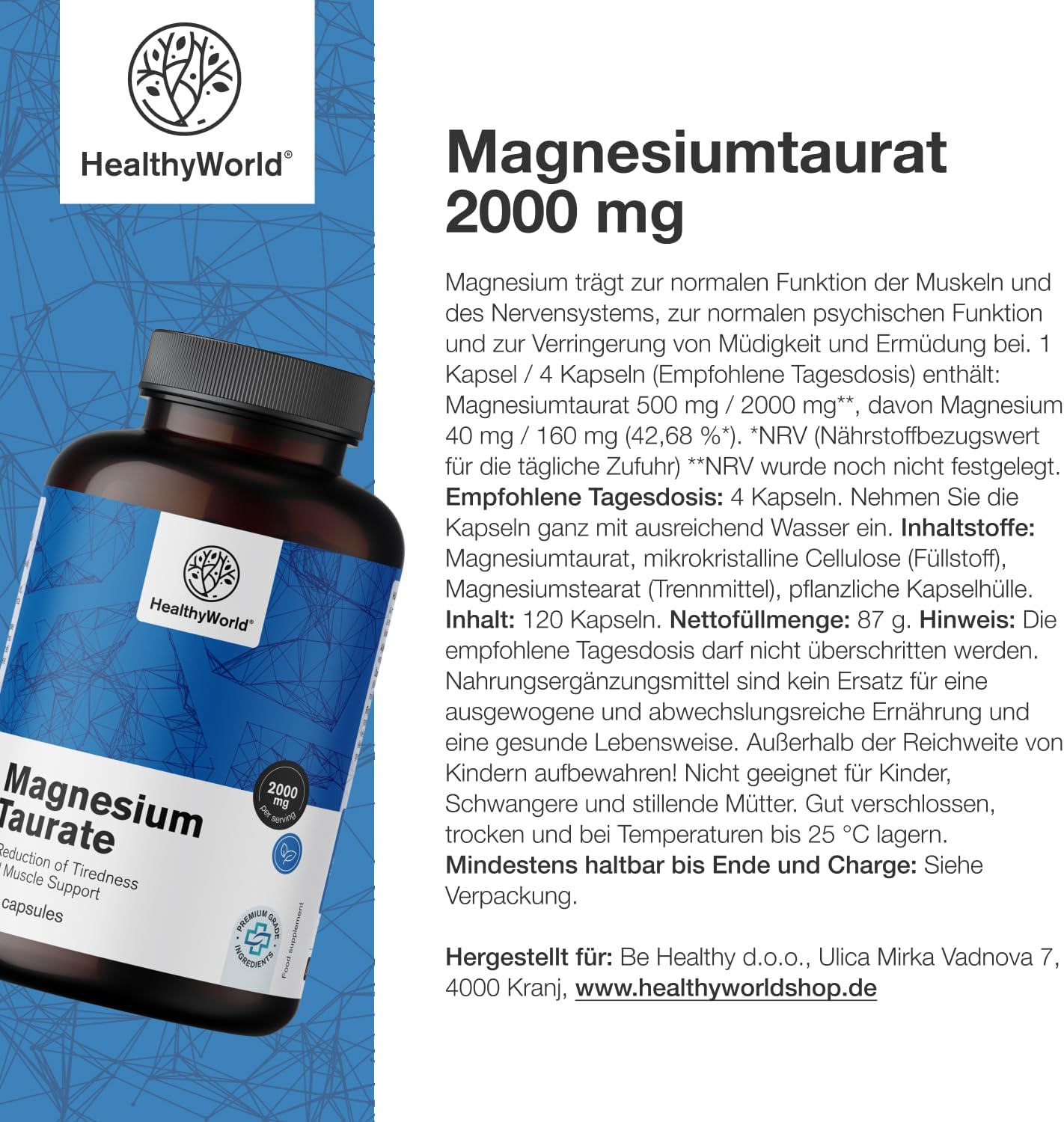 Thumbnail 6 de HealthyWorld Magnesium Taurat 2000 mg – Pflanzliche Kapseln, 120 Stück