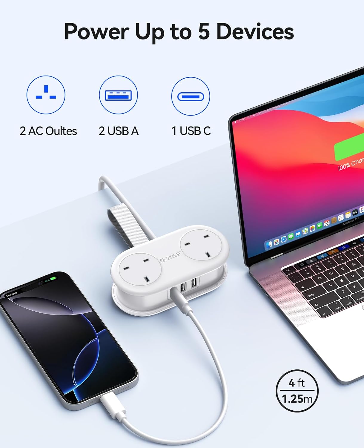 Detalle de ORICO Travel Extension Lead with USB Slots, 2 AC outlets & 3 USB ports (1 USB-C) – 13A 3250W, rollable power strip