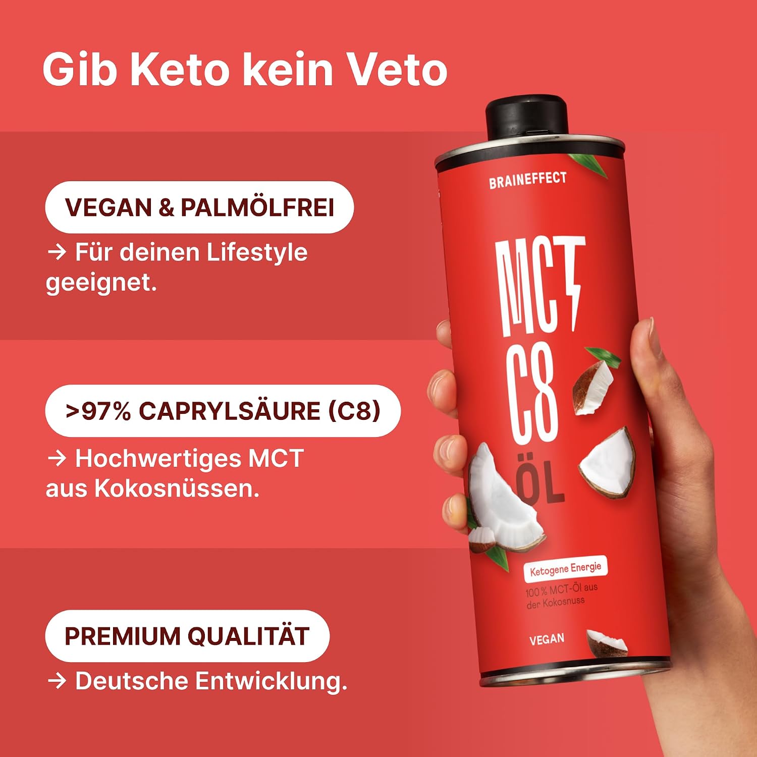 Detalle de Braineffect MCT-Öl C8 (100% C8) – reiner Extrakt aus Kokosnussöl für ketogene Ernährung