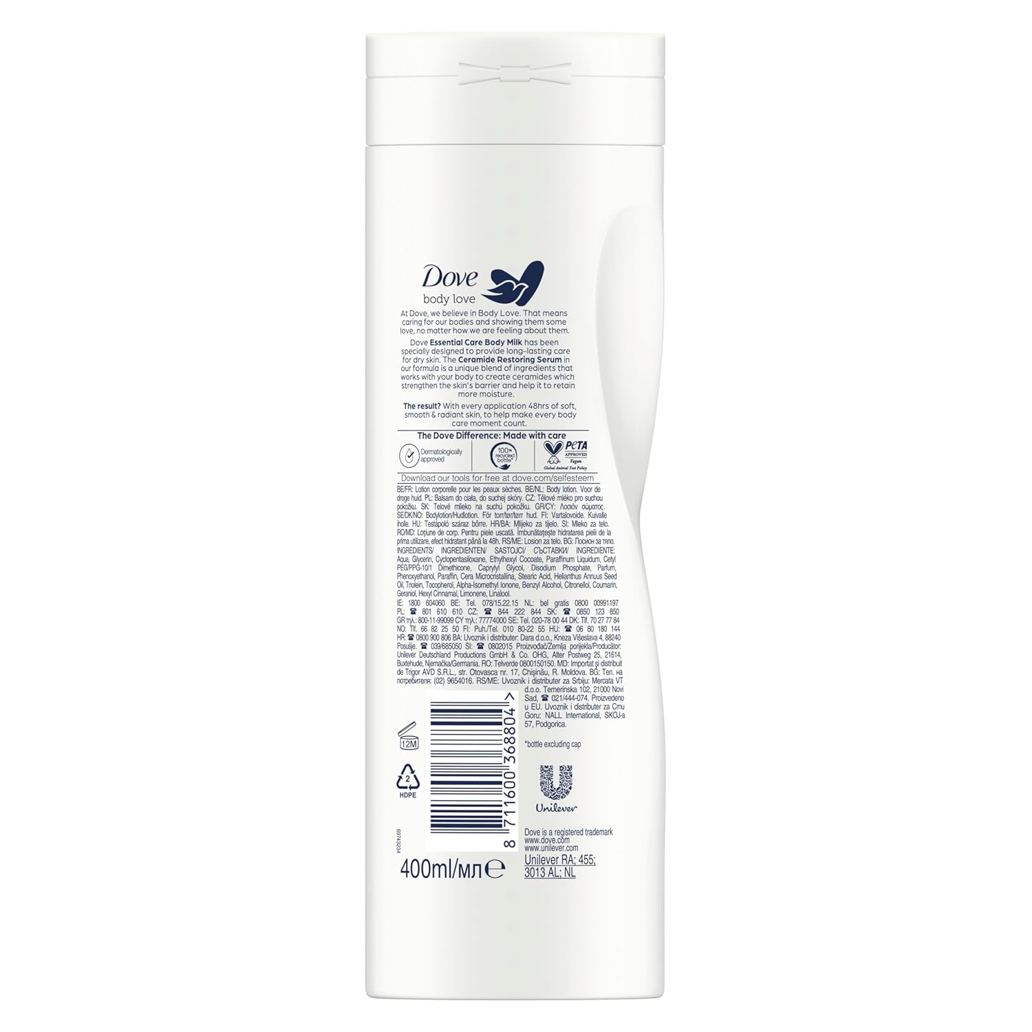 Detalle de Dove Body Love Feuchtigkeitsspendende Körpermilch Essential Care – Für trockene Haut, 3x400 ml
