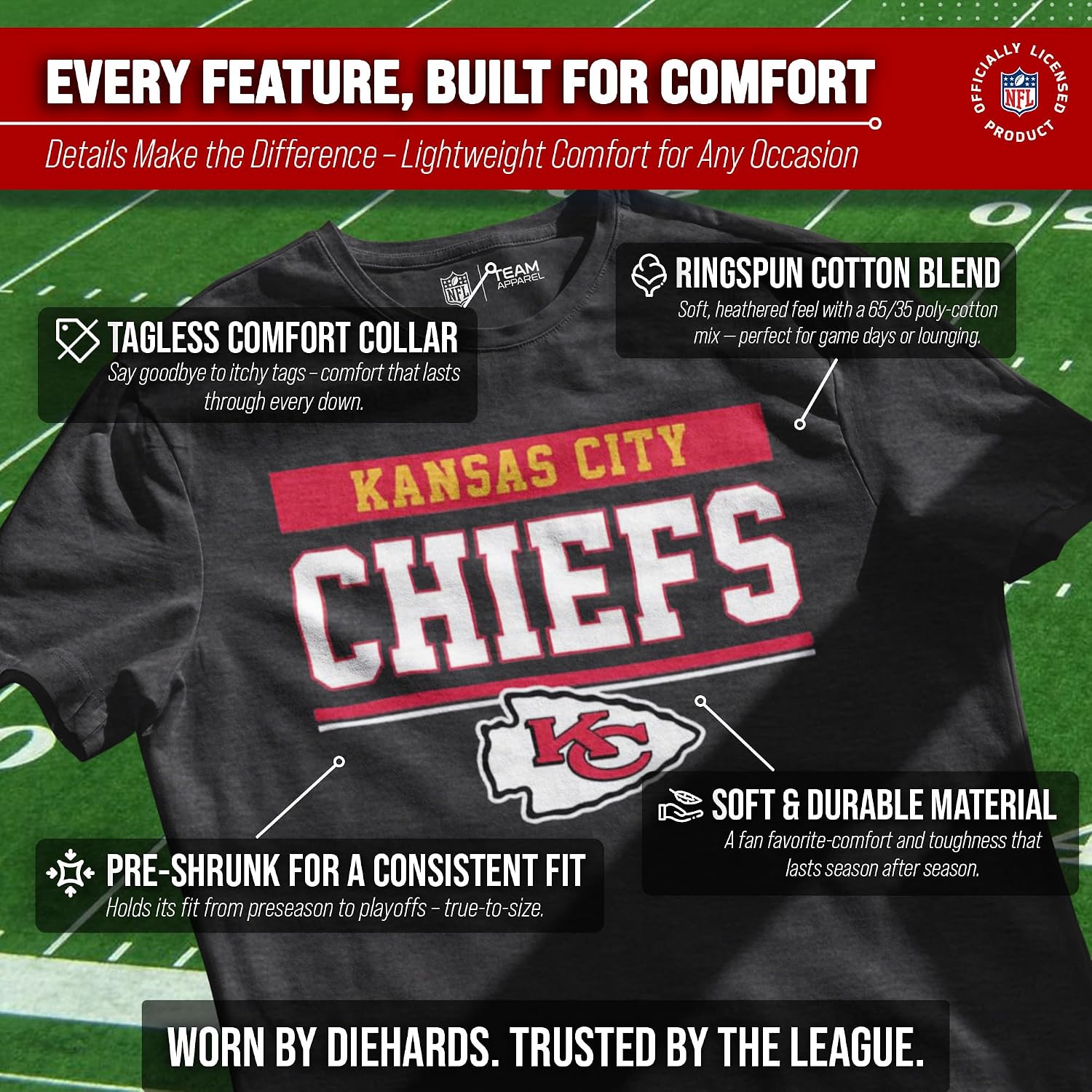 Detalle de Team Fan Apparel 3001_teamblk Chiefs T-Shirt, Charcoal, Tagless Cotton Blend