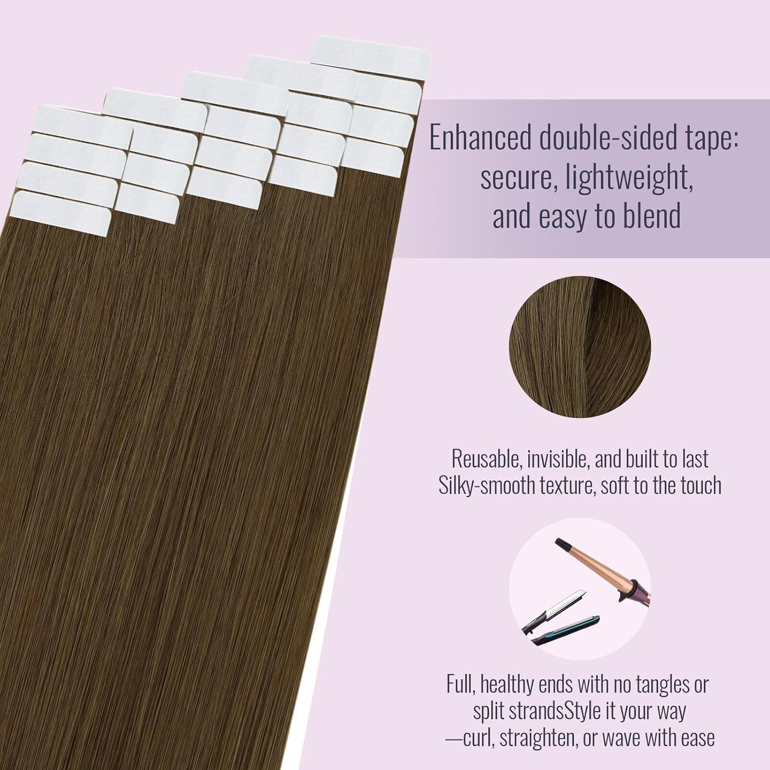 Detalle de Fshine Extension Biadesiva Capelli Veri Marrone Medio 50 cm – 20 pezzi Remy