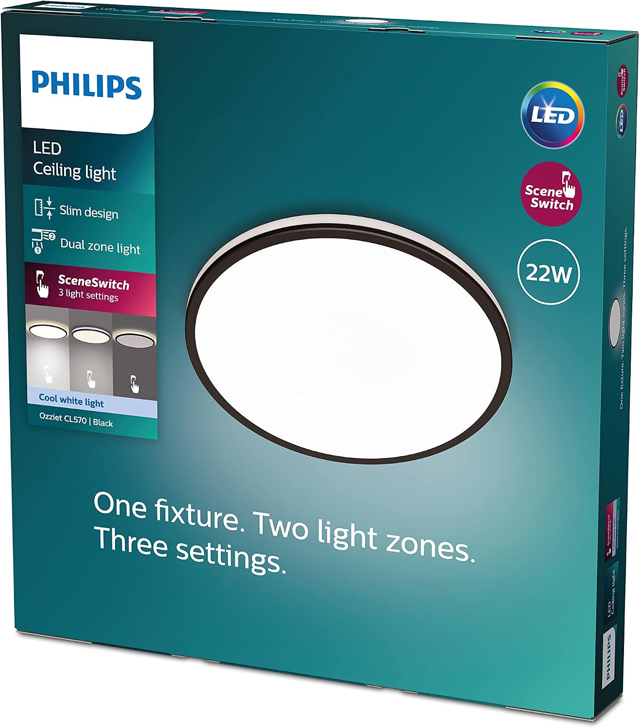 Detalle 2 de Philips LED Plafoniera Ozziet, Media, Due Zone Luminose, Tre Impostazioni – Nero, 22W, 4000K
