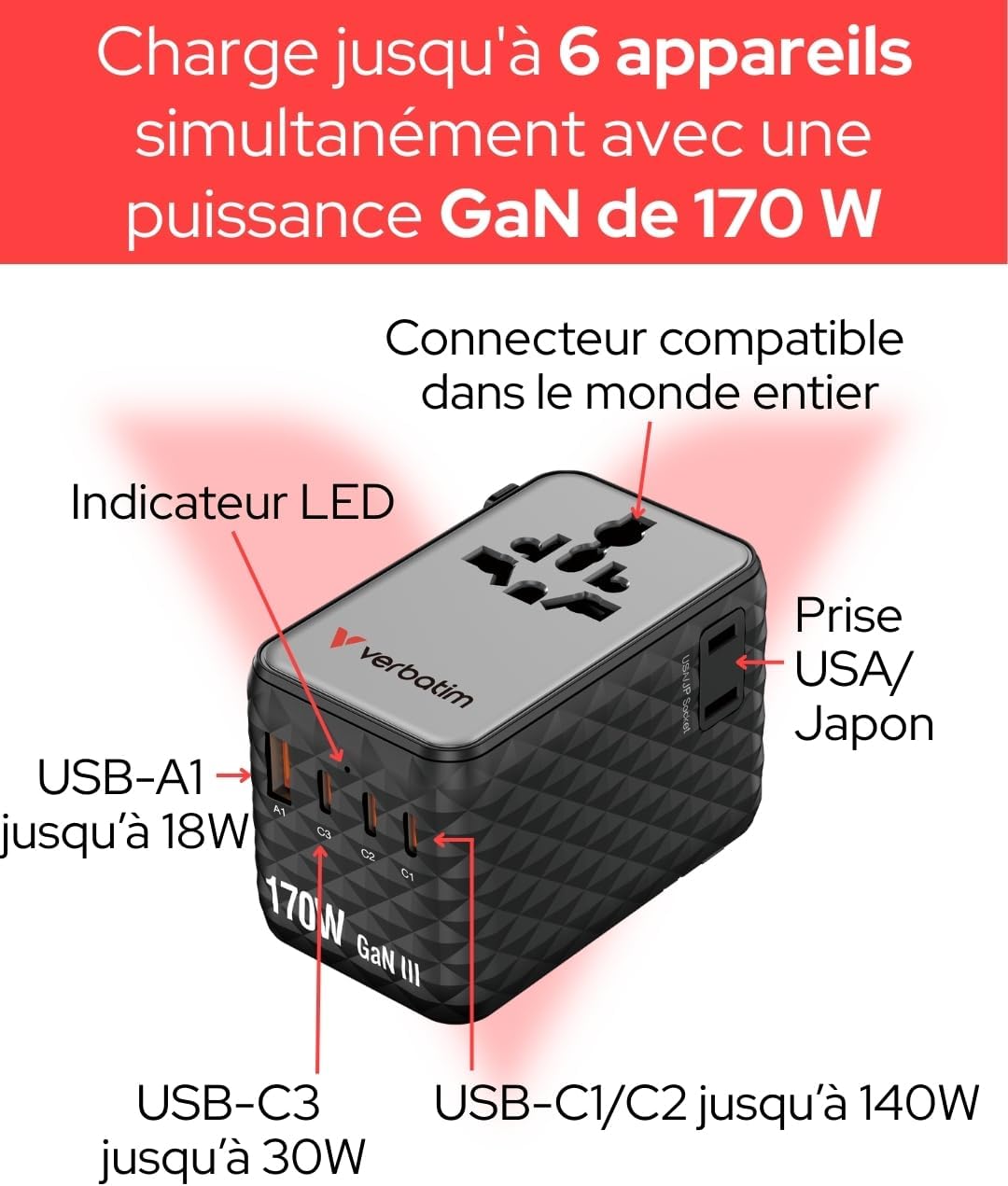 Thumbnail 1 de Verbatim Adaptateur de voyage GaN 170W 6-en-1 universel avec 3 USB-C, 1 USB-A et 2 prises USA/JP