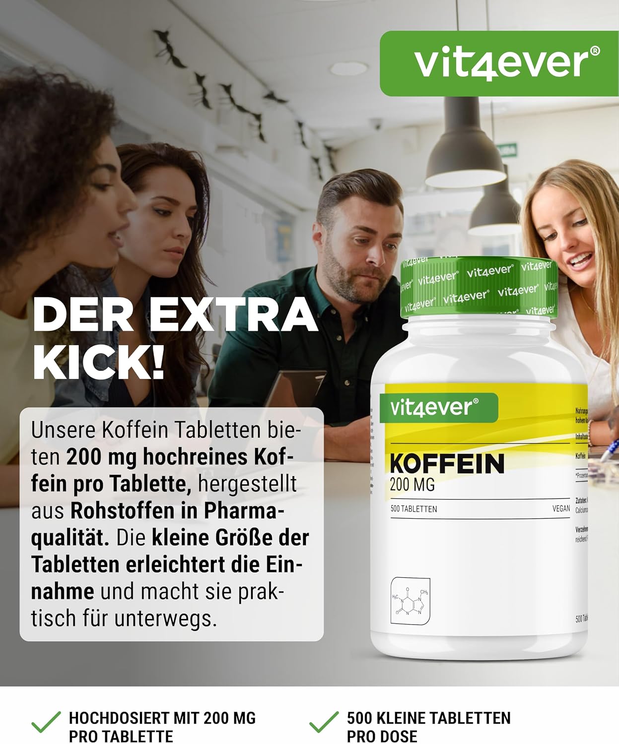 Detalle 2 de Vit4ever Koffein-Tabletten 200 mg, 500 Tabletten – vegan, ohne unerwünschte Zusätze