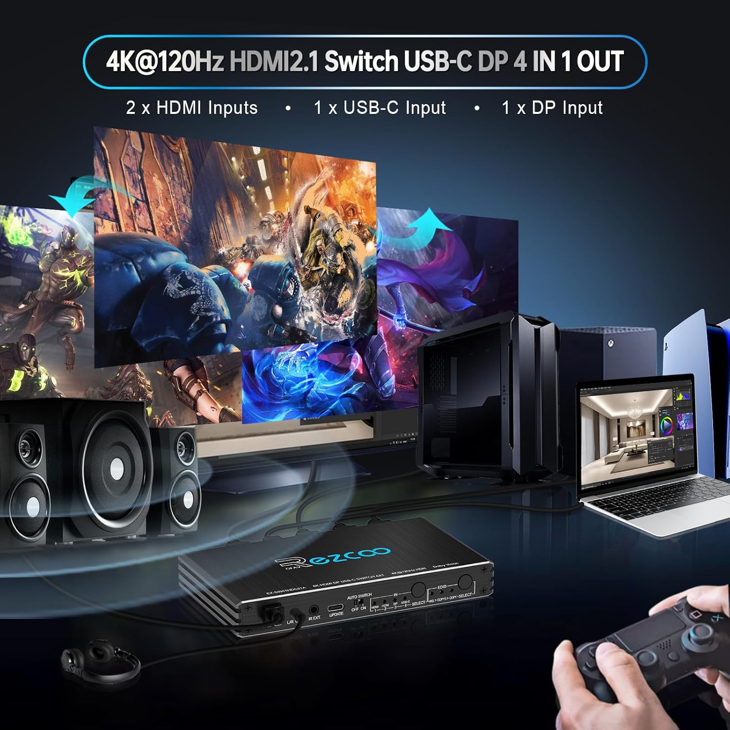 Thumbnail 1 de Commutateur HDMI 2.1 4K 120 Hz 4x1 avec USB-C DP1.4 et extracteur audio optique/3,5 mm (VRR, ALLM, HDCP 2.3) pour PS5 et Xbox