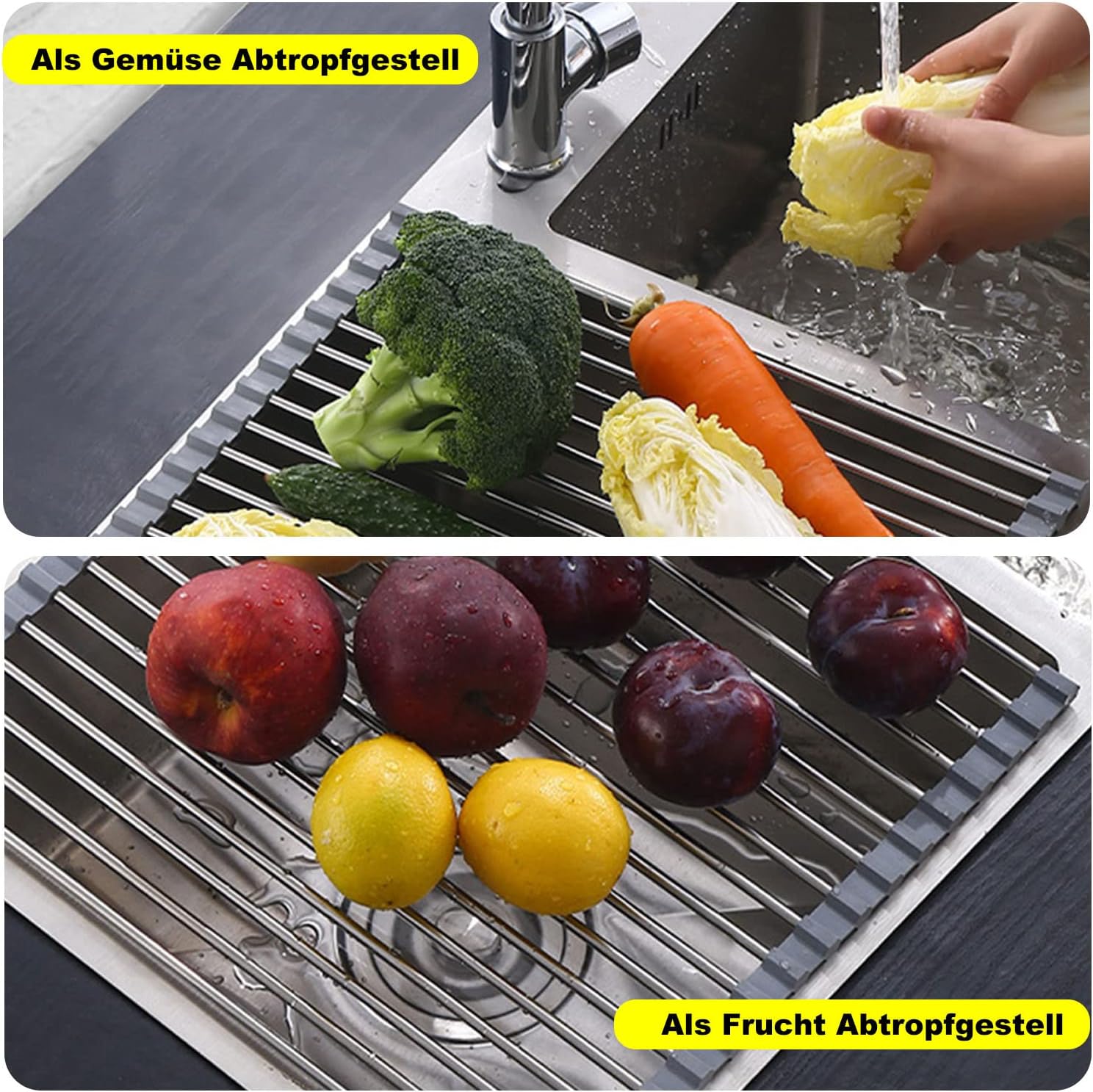 Detalle de ViWaVee Abtropfgestell Geschirr – faltbar, abnehmbar fürs Spülbecken (Grau, 43 × 35 cm)