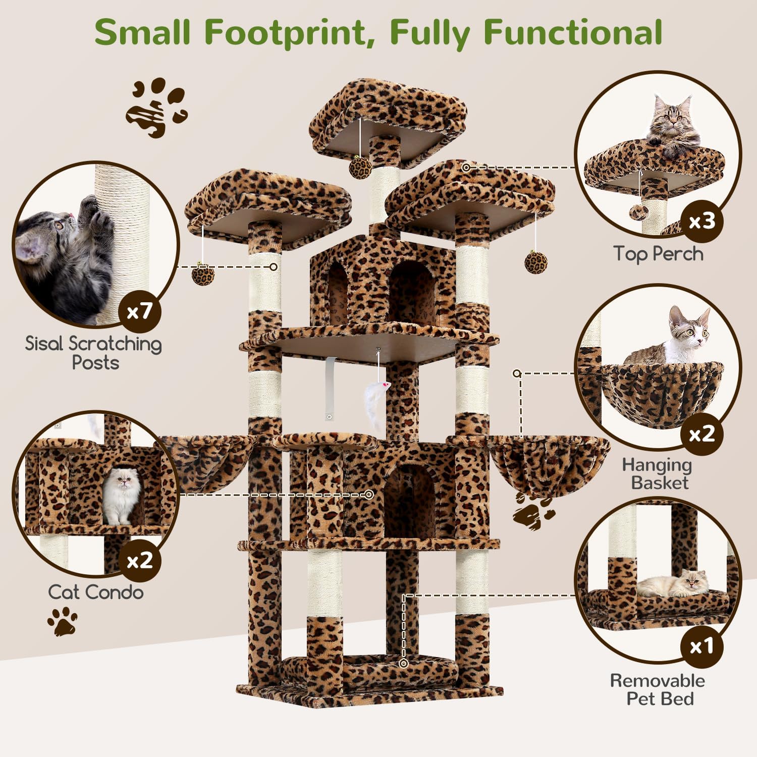 Thumbnail 4 de Globlazer Kratzbaum Leoparden Stabil 174 cm mit 3 gepolsterten Sitzstangen, 2 Katzenhäusern und abnehmbarem Haustierbett (F68B)