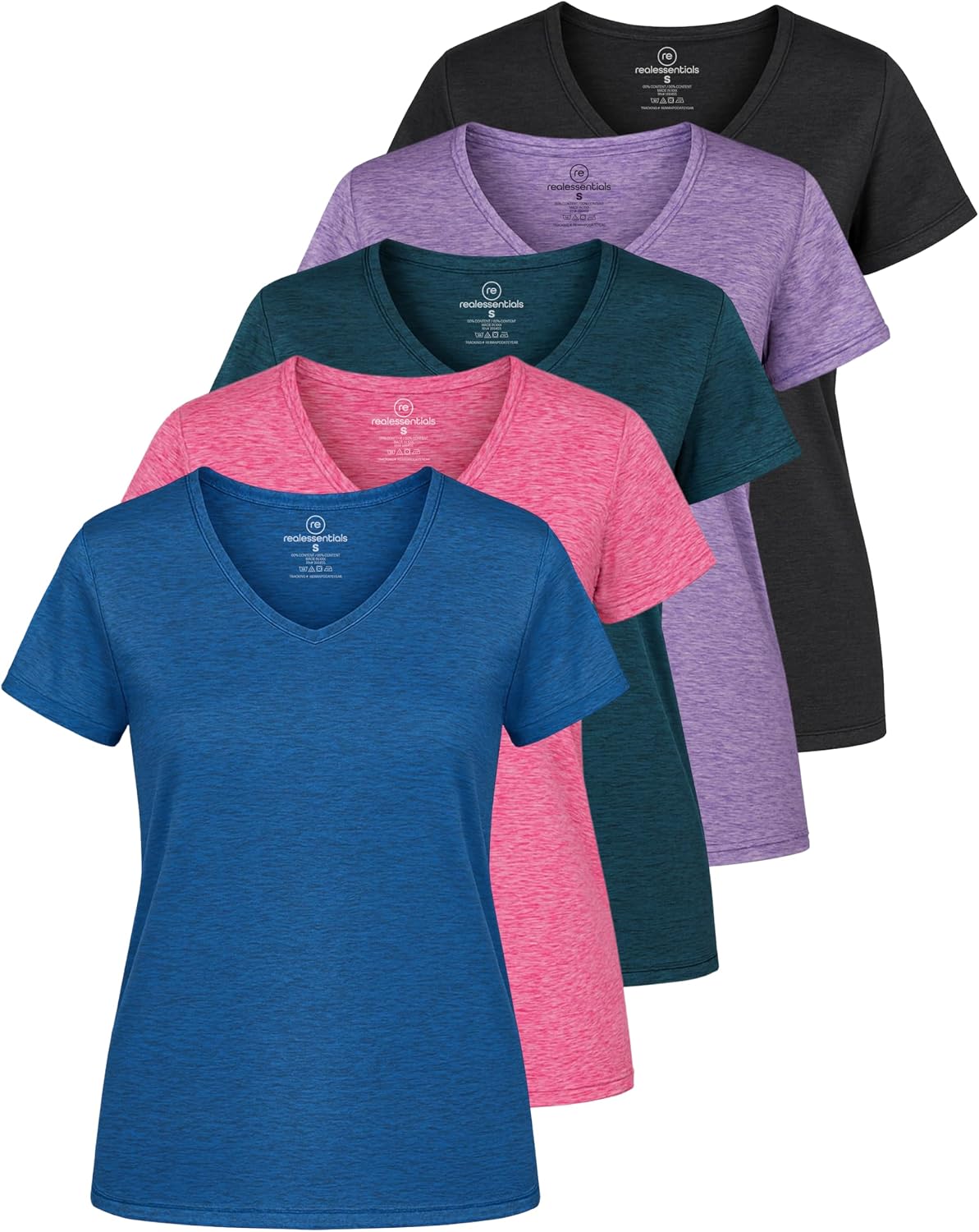 Detalle de Real Essentials 5 Pack: Women's Dry-Fit V-Neck Short Sleeve Tee (Plus Size Included)
