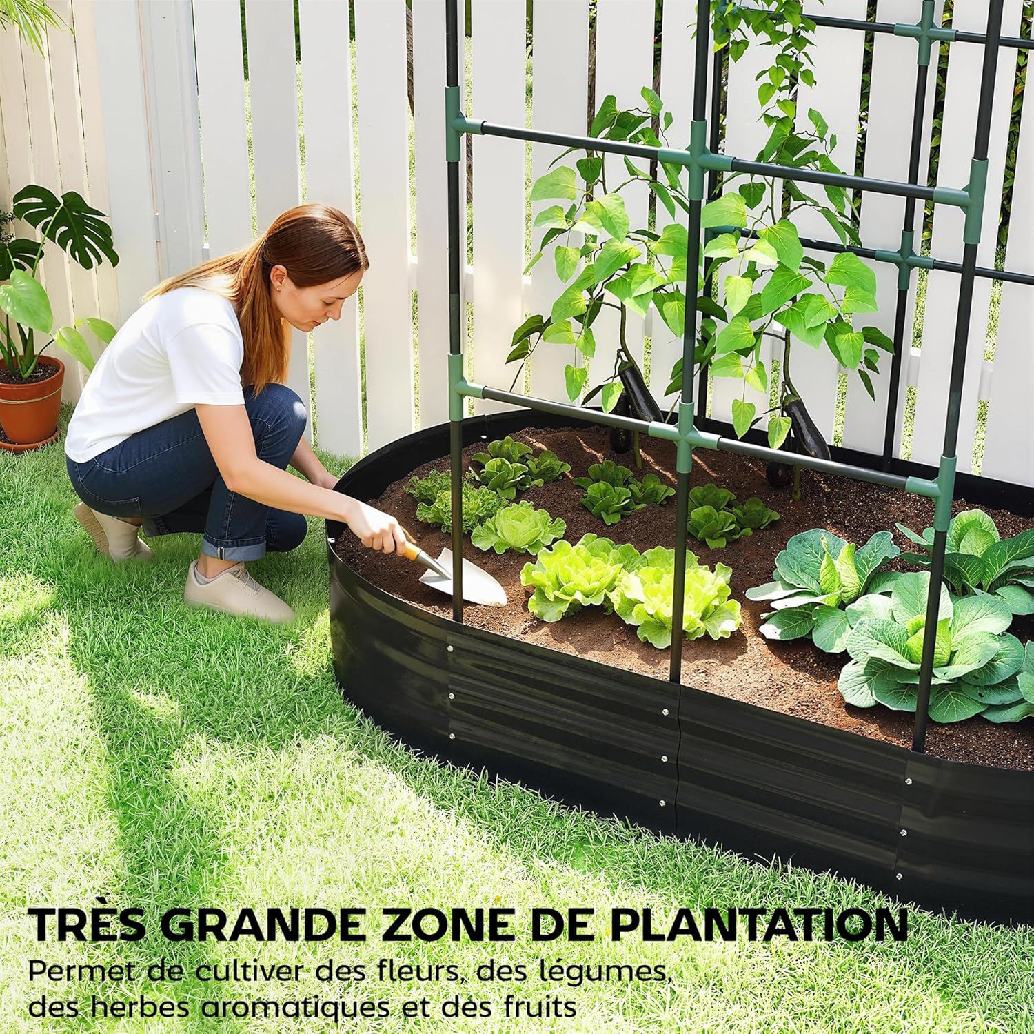 Thumbnail 2 de Outsunny Jardinière surélevée avec Treillis arqué – 425 L, cadre galvanisé, 160x90x180 cm, gris foncé