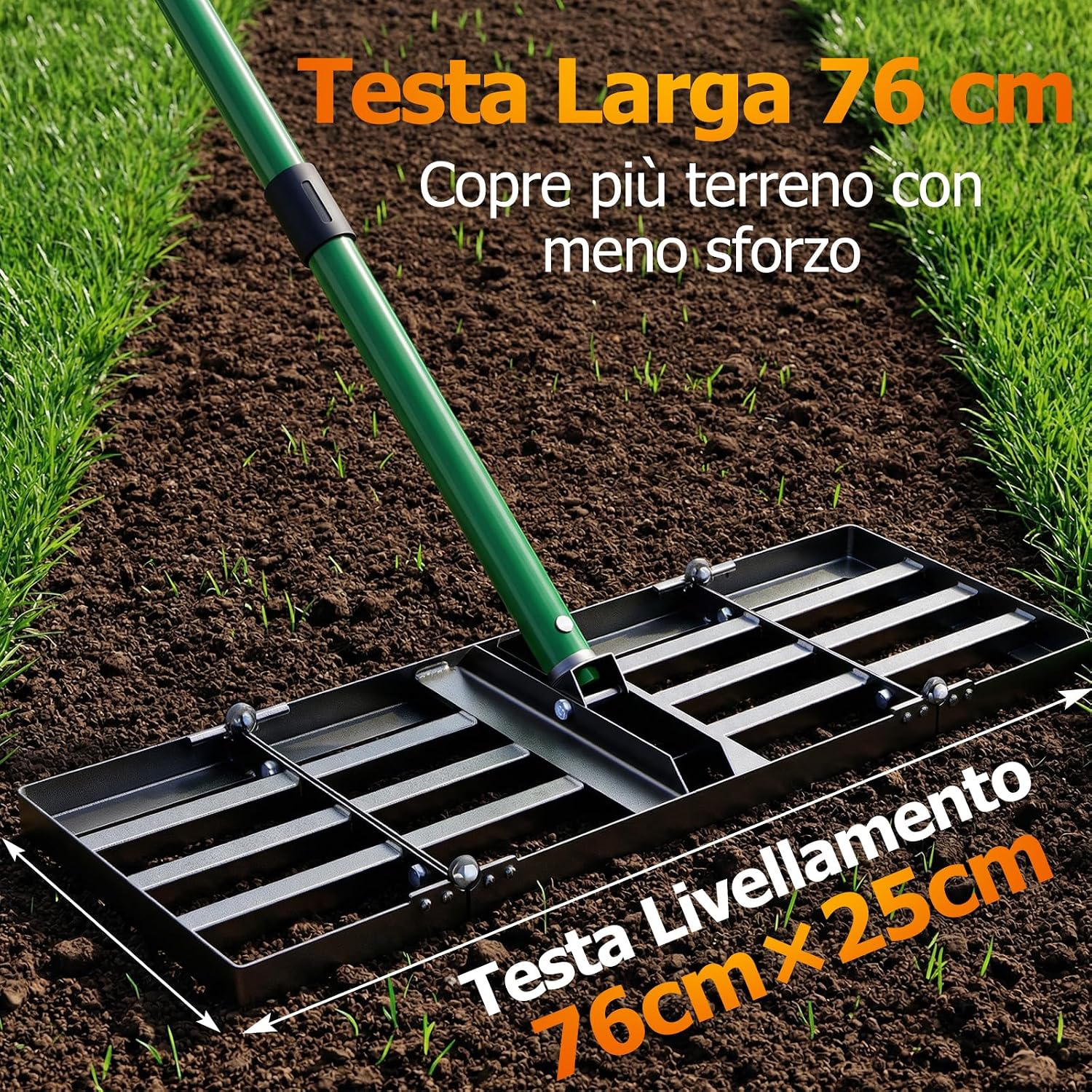 Detalle de Rastrello per livellamento prato 76 cm • manico regolabile 84–196 cm • pieghevole
