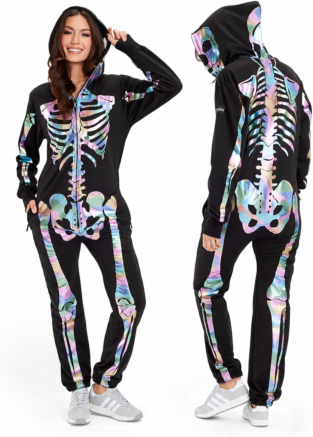 Detalle de Tipsy Elves TE-WJMP43 Women's Skeleton Halloween Jumpsuit with Iridescent Print