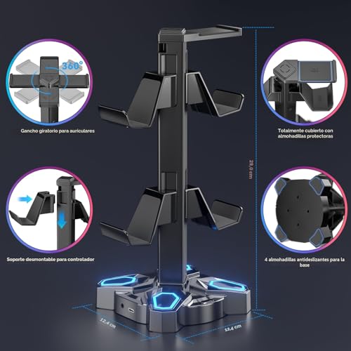 Detalle 2 de KDD Led: Soporte para Auriculares Gaming con 2 Puertos USB y Puerto Type‑C