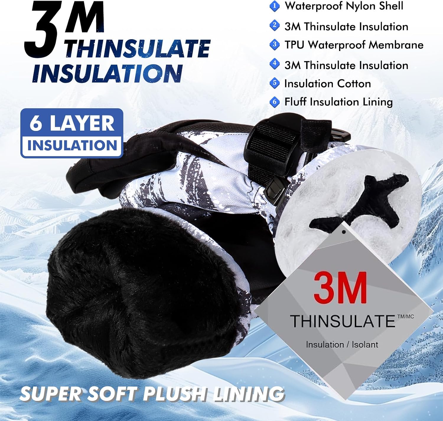 Detalle 2 de Pnosnesy Ski Gloves for Cold Weather