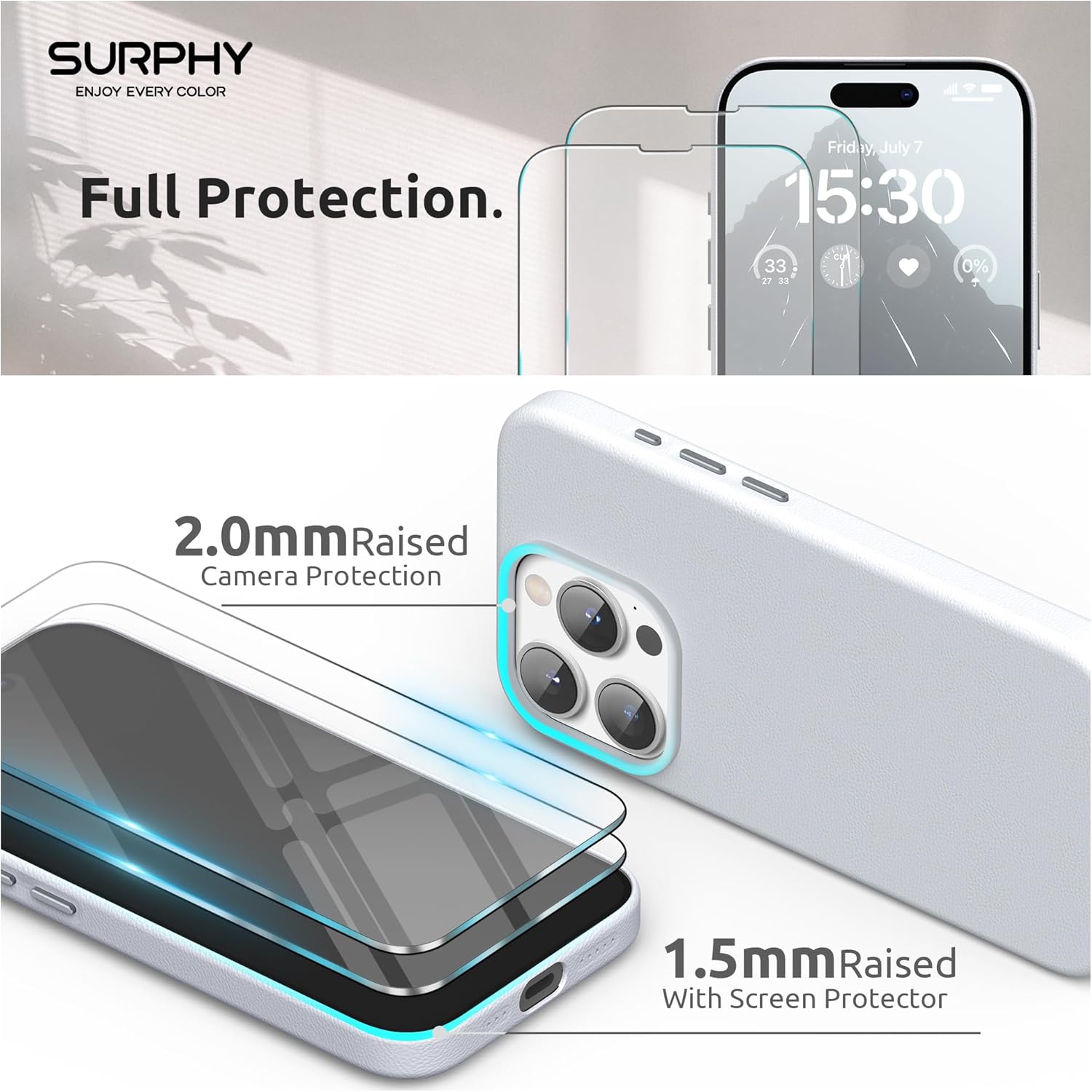 Thumbnail 3 de SURPHY Faux Leather Case for iPhone 15 Pro (6.1in) with Screen Protectors & MagSafe – Cool White