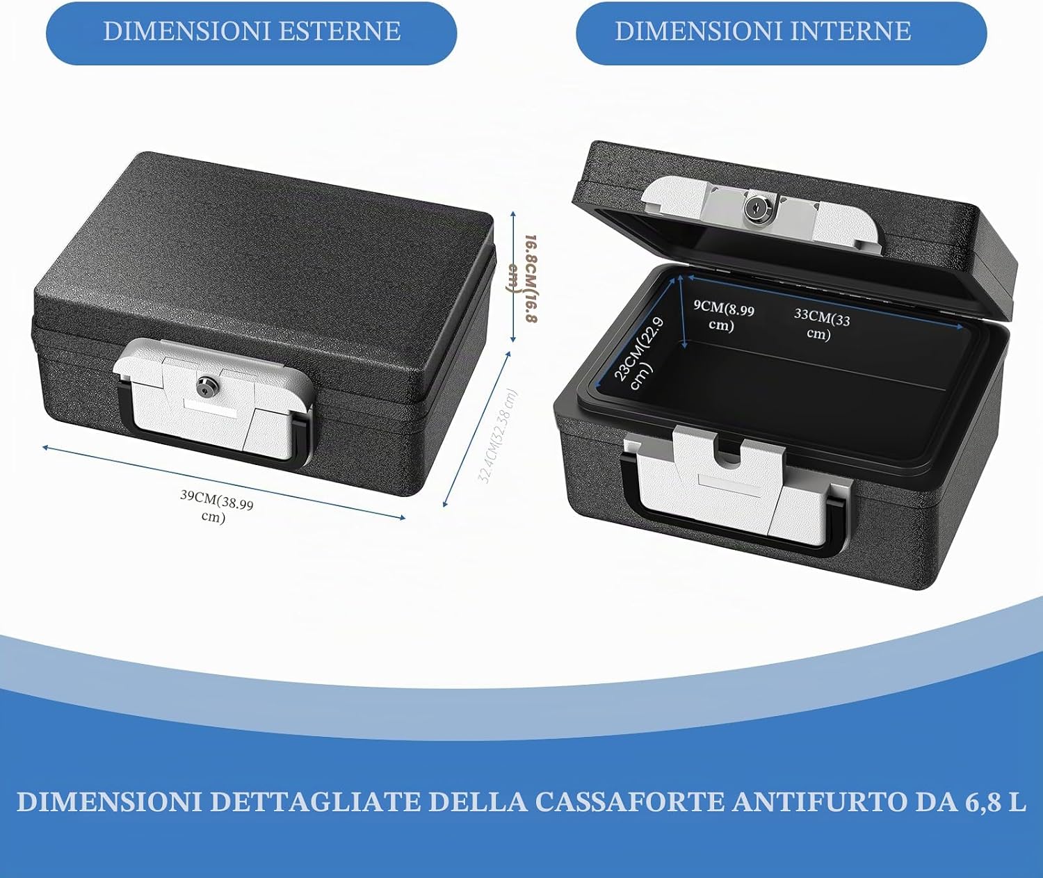 Detalle de WASJOYE 21L cassaforte portatile con chiave: protezione ignifuga e impermeabile per viaggi e ufficio